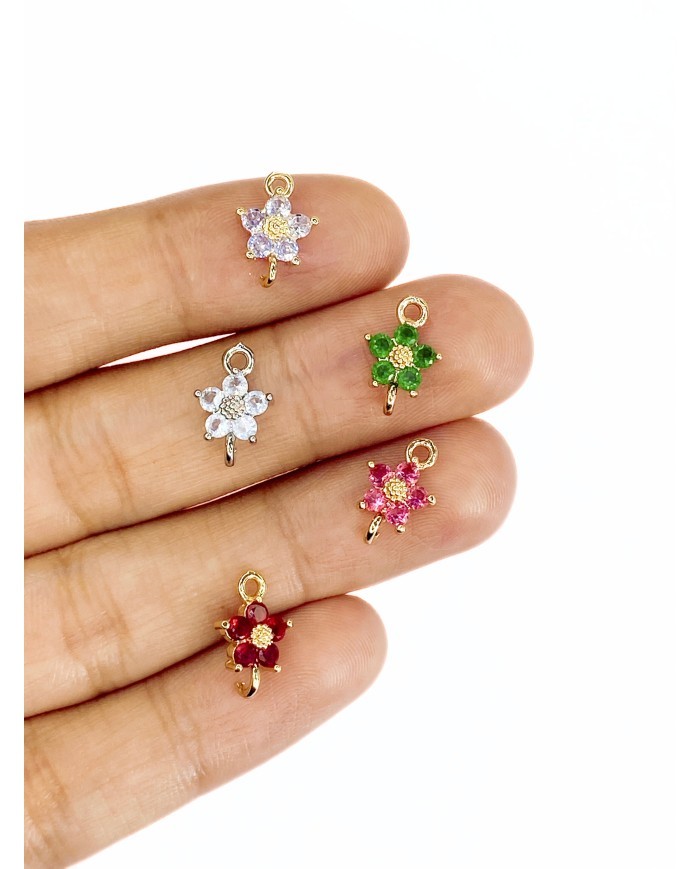Pirinç Zirkon Taşlı Çiçek Kolye Bileklik Ucu Charm Altın Pembe 1 Adet