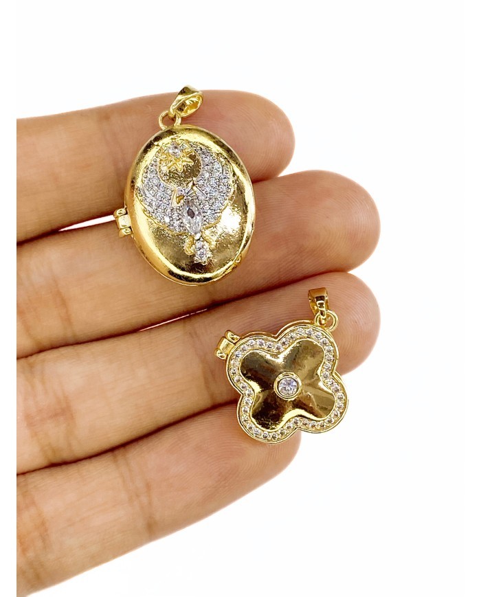 Pirinç Zirkon Taşlı Açılır Kapanır Yonca Kolye Bileklik Ucu Charm Altın 1 Adet