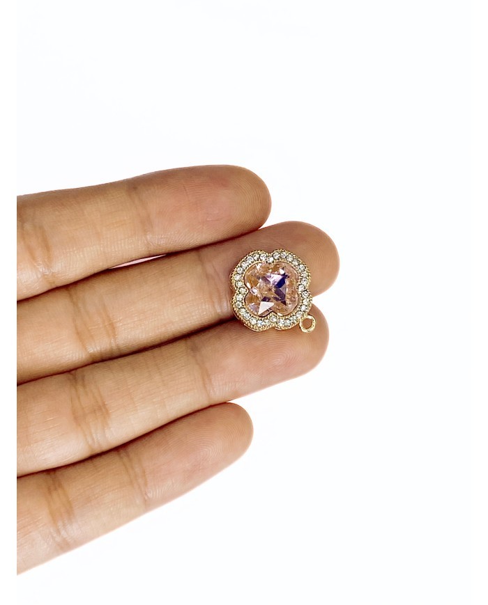 Pirinç Zirkon Taşlı Yonca Kolye Bileklik Ucu Charm Pembe 1 Adet