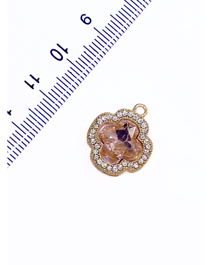 Pirinç Zirkon Taşlı Yonca Kolye Bileklik Ucu Charm Pembe 1 Adet