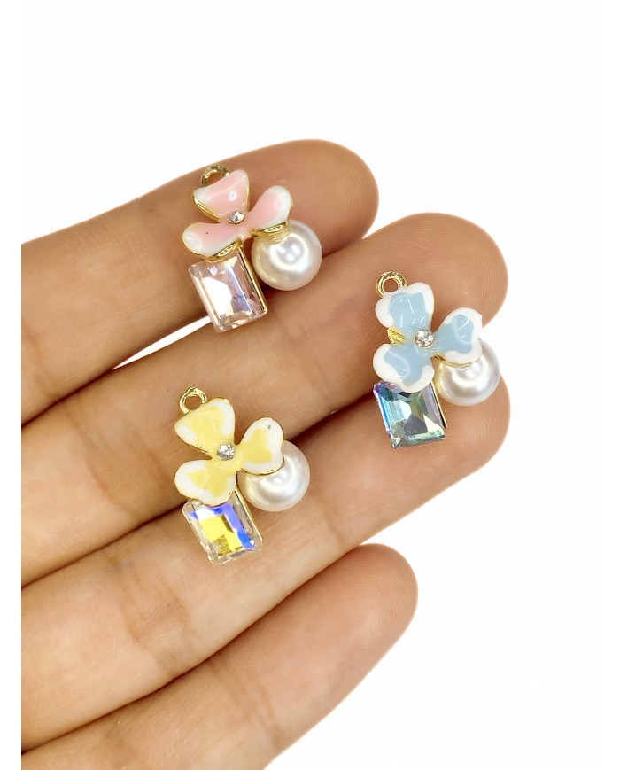 Pirinç Zirkon Mineli Çiçek Taşlı İncili Kolye Bileklik Ucu Charm Pembe 1 Adet