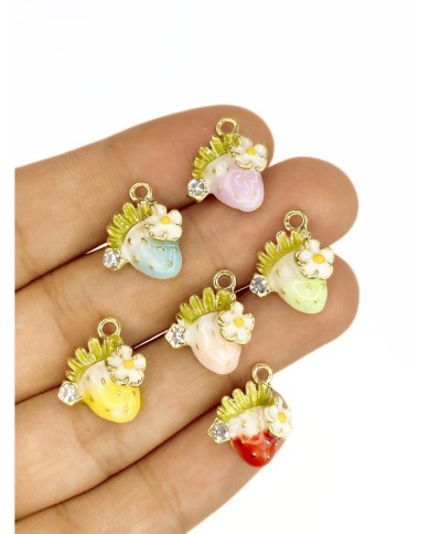 Pirinç Zirkon Taşlı Papatyalı Çilek Kolye Bileklik Ucu Charm Pembe 1 Adet