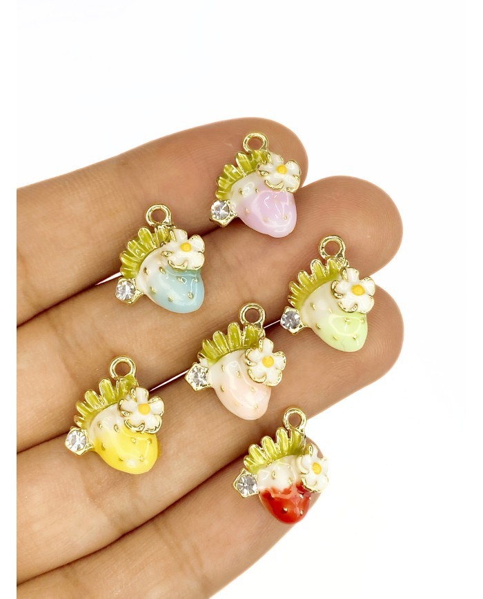 Pirinç Zirkon Taşlı Papatyalı Çilek Kolye Bileklik Ucu Charm Pembe 1 Adet