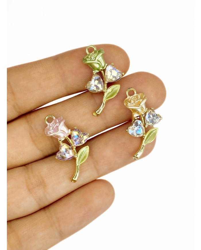 Pirinç Zirkon Taşlı Kalp Gül Kolye Bileklik Ucu Charm Sarı 1 Adet