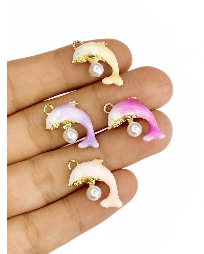 Pirinç Zirkon Mineli İncili Yunus Balığı Kolye Bileklik Ucu Charm Pembe 1 Adet