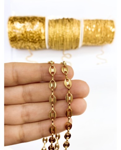 Çelik Kahve Çekirdeği Zincir Kolye Bileklik Altın Renk 6x8mm - 1m
