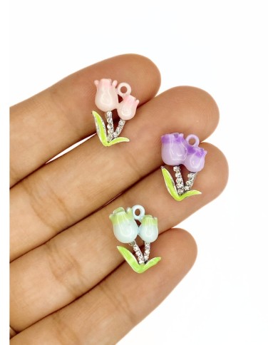 Pirinç Zirkon Taşlı Lale Kolye Bileklik Ucu Charm Pembe 1 Adet