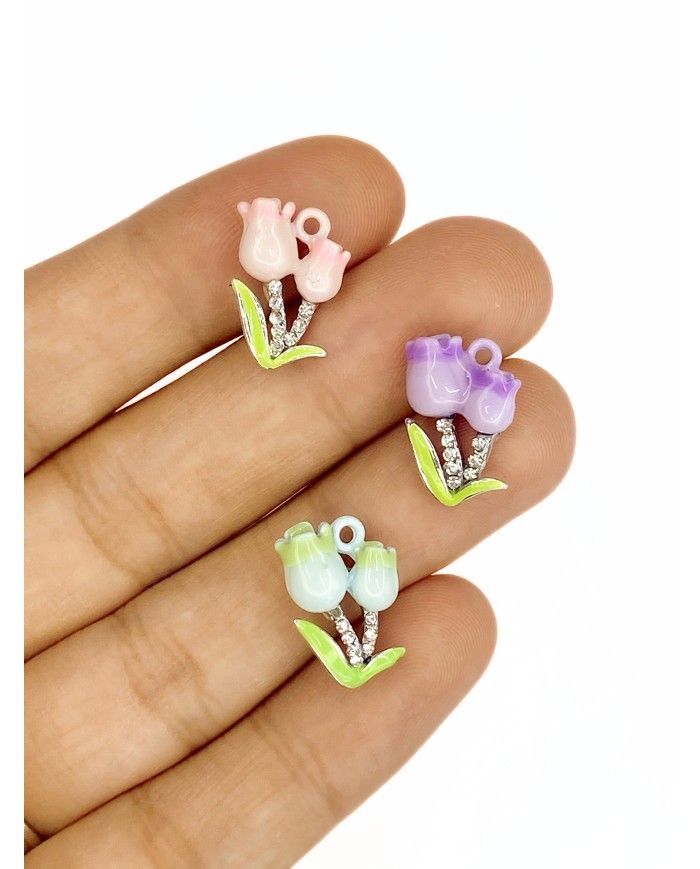 Pirinç Zirkon Taşlı Lale Kolye Bileklik Ucu Charm Pembe 1 Adet