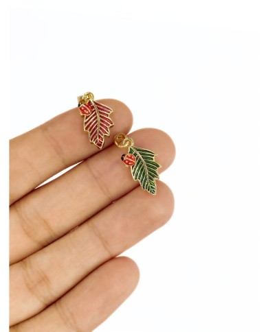 Pirinç Zirkon Mineli Uğur Böcekli Yaprak Kolye Bileklik Ucu Charm Kırmızı 1 Adet
