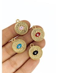 Pirinç Zirkon Mineli Plaka Nazar Göz Kolye Bileklik Ucu Charm Pembe 1 Adet