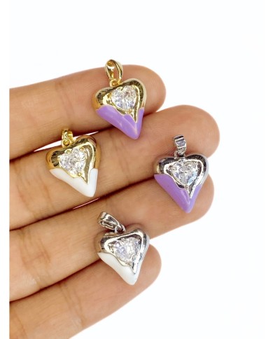 Pirinç Zirkon Taşlı Kalp Kolye Bileklik Ucu Charm Altın Mor 1 Adet