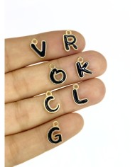 Lak Kaplama Mineli Kulplu Harf Kolye Bileklik Ucu Charm Siyah 14x14mm 1 Adet