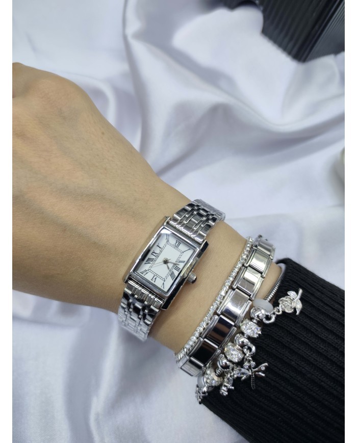 Klasik Model Dikdörtgen Tasarım Roma Rakamlı Çelik Kasa Kol Saati - Metal Kordon