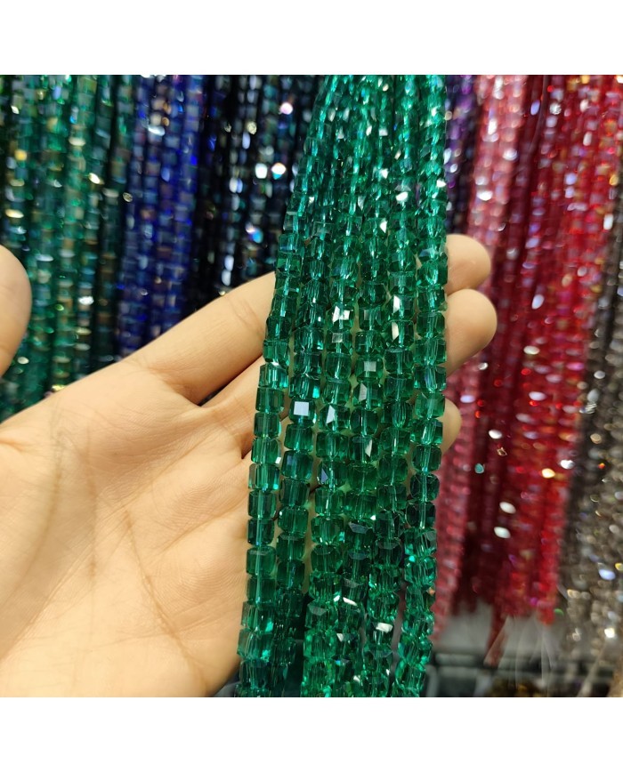 6mm İpe Dizili Küp Kristal Boncuk Şeffaf Koyu Yeşil - 1 Dizi