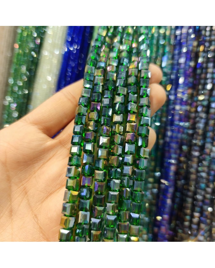 6mm İpe Dizili Küp Kristal Boncuk Metalik Kaplama Koyu Yeşil - 1 Dizi