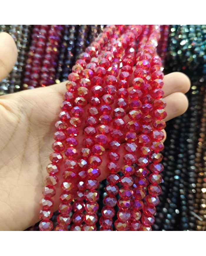 8mm İpe Dizili Kristal Boncuk Şeffaf Janjanlı Kırmızı - 10 Dizi