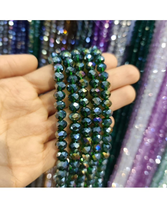 8mm İpe Dizili Kristal Boncuk Şeffaf Aynalı Koyu Yeşil - 10 Dizi