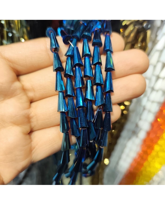5x10mm İpe Dizili Deve Tabanı Huni Kristal Boncuk Metalik Kaplama Mavi - 1 Dizi