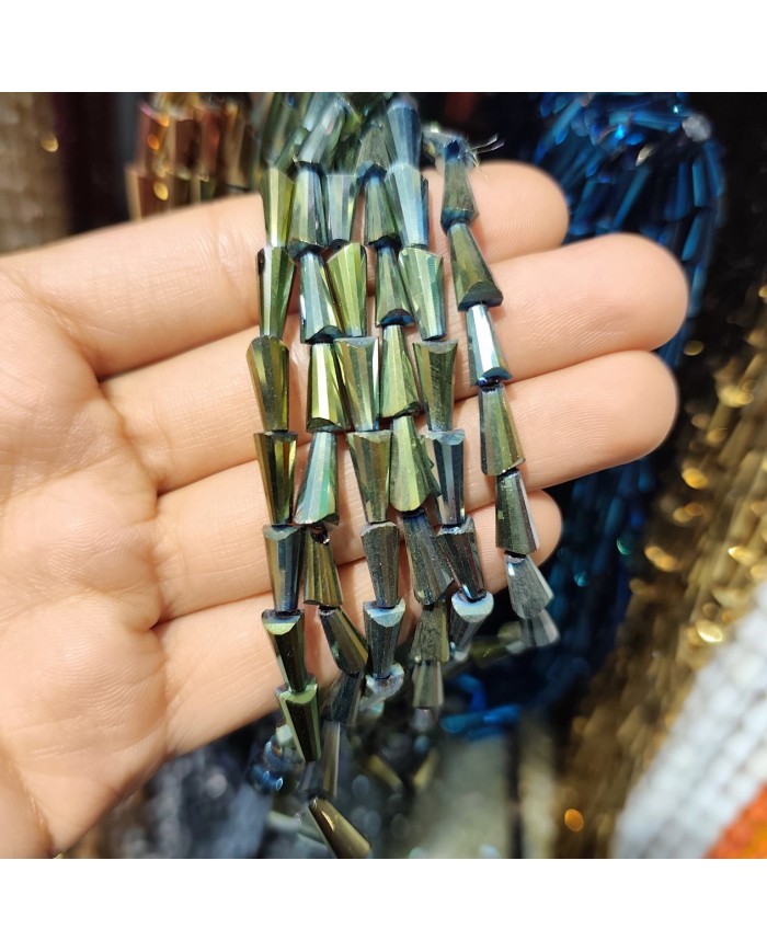 5x10mm İpe Dizili Deve Tabanı Huni Kristal Boncuk Metalik Yeşil - 1 Dizi