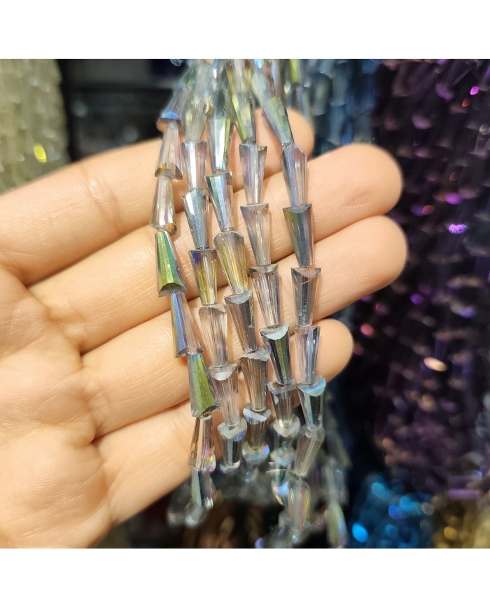 5x10mm İpe Dizili Deve Tabanı Huni Kristal Boncuk Metalik Kaplama Mavi Yeşil - 1 Dizi