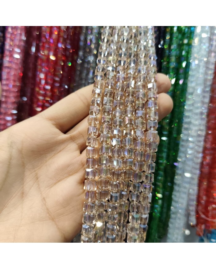 6mm İpe Dizili Küp Kristal Boncuk Şeffaf Açık Şampanya - 1 Dizi