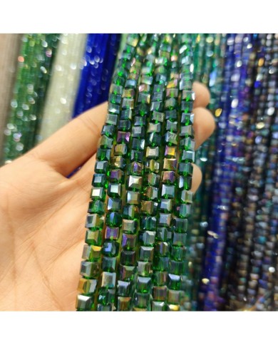 6mm İpe Dizili Küp Kristal Boncuk Metalik Kaplama Koyu Yeşil - 1 Dizi