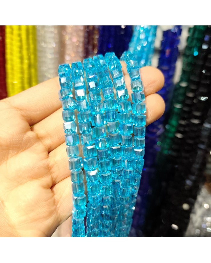 6mm İpe Dizili Küp Kristal Boncuk Şeffaf Açık Mavi - 1 Dizi