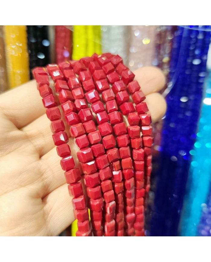 6mm İpe Dizili Küp Kristal Boncuk Mat Kırmızı - 1 Dizi