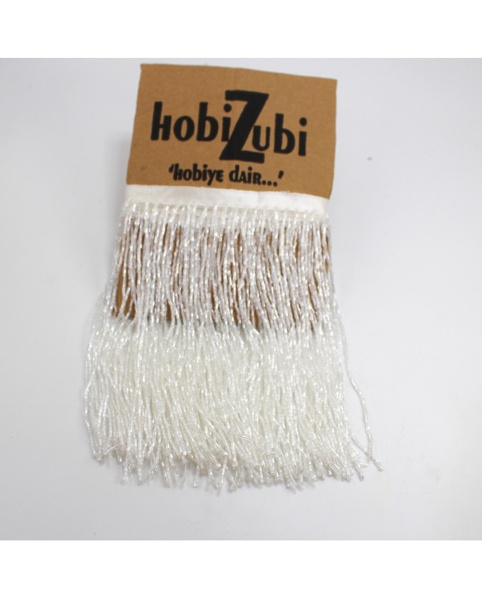 1 Metre - Boncuklu 15 cm - Püskül Saçak Kırık Beyaz
