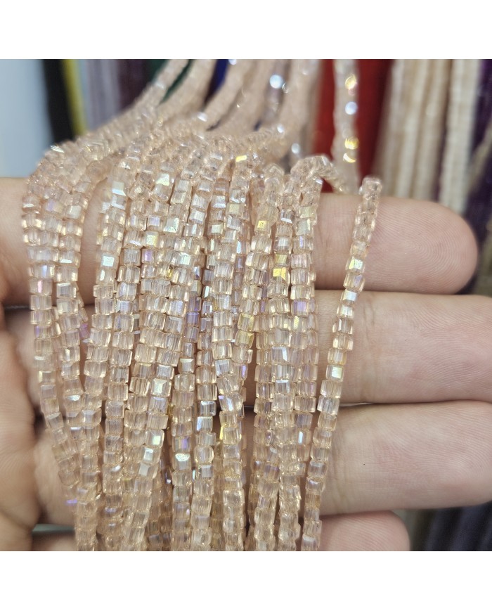 3mm İpe Dizili Küp Kristal Boncuk Şeffaf Şampanya  - 1 Dizi
