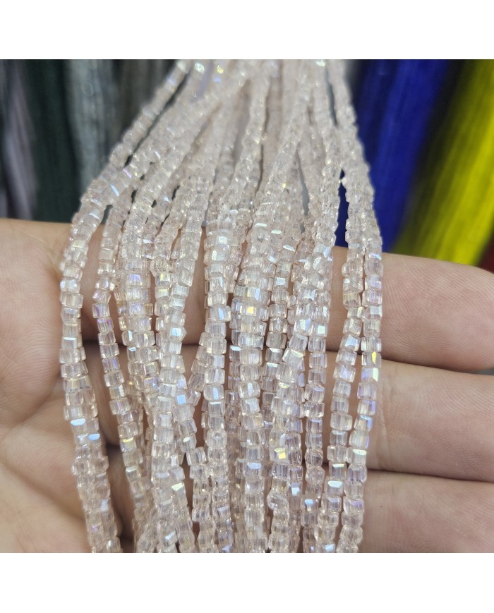 3mm İpe Dizili Küp Kristal Boncuk Şeffaf Janjanlı Pembe - 1 Dizi