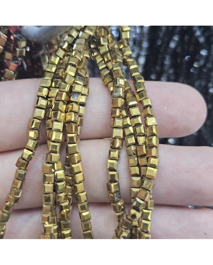 3mm İpe Dizili Küp Kristal Boncuk Metalik Kaplama Gold - 1 Dizi
