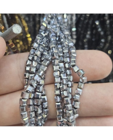 3mm İpe Dizili Küp Kristal Boncuk Metalik Kaplama Gümüş - 1 Dizi