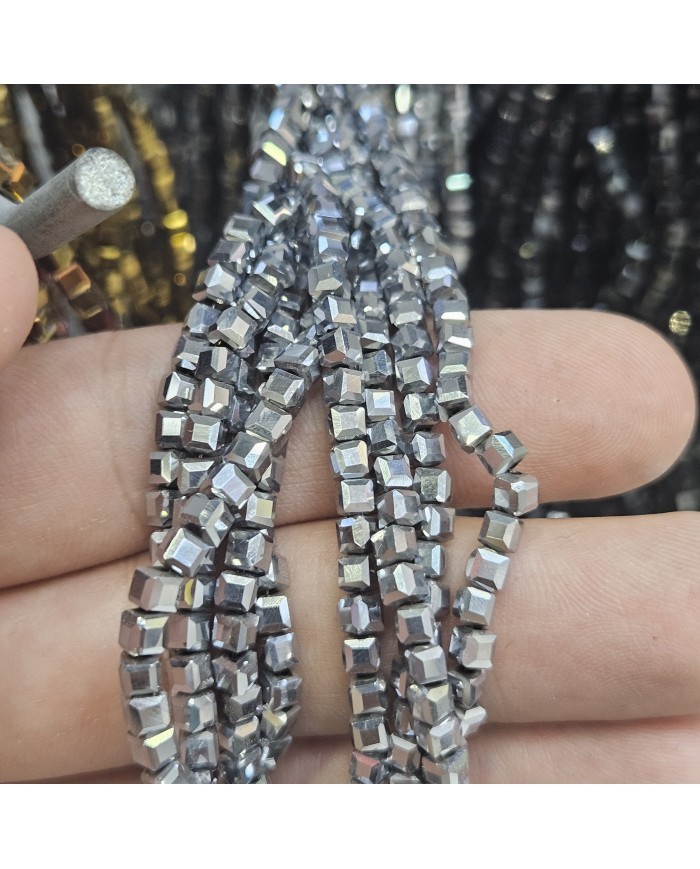 3mm İpe Dizili Küp Kristal Boncuk Metalik Kaplama Gümüş - 1 Dizi
