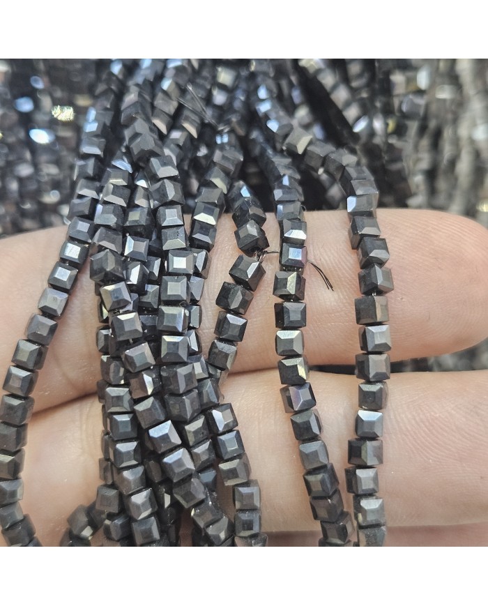 3mm İpe Dizili Küp Kristal Boncuk Metalik Kaplama Antrasit - 1 Dizi