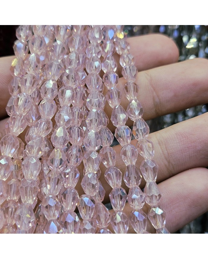 6mm İpe Dizili Damla Kristal Boncuk Şeffaf Pembe - 1 Dizi