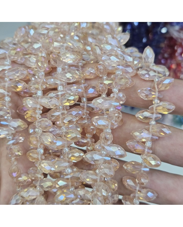 12x5mm İpe Dizili Yandan Delikli Damla Kristal Boncuk Şeffaf Janjanlı Şampanya - 1 Dizi