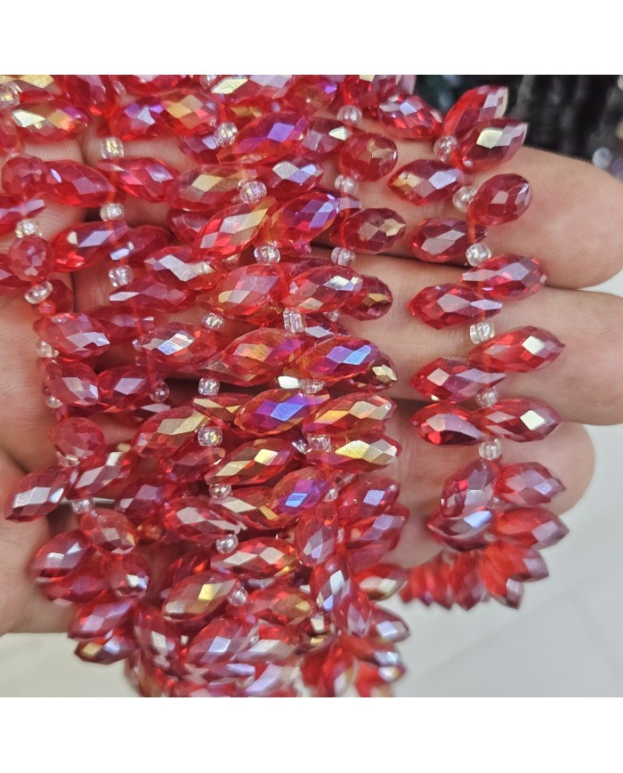 12x5mm İpe Dizili Yandan Delikli Damla Kristal Boncuk Şeffaf Janjanlı Kırmızı - 1 Dizi