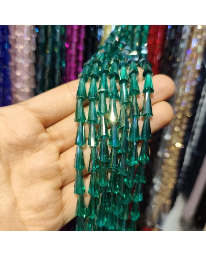 6x12mm İpe Dizili Deve Tabanı Huni Kristal Boncuk Şeffaf Yeşil - 1 Dizi
