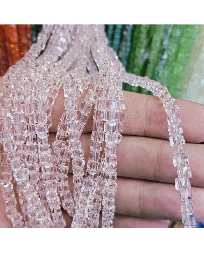 4mm İpe Dizili Küp Kristal Boncuk Şeffaf Janjanlı Pembe - 1 Dizi
