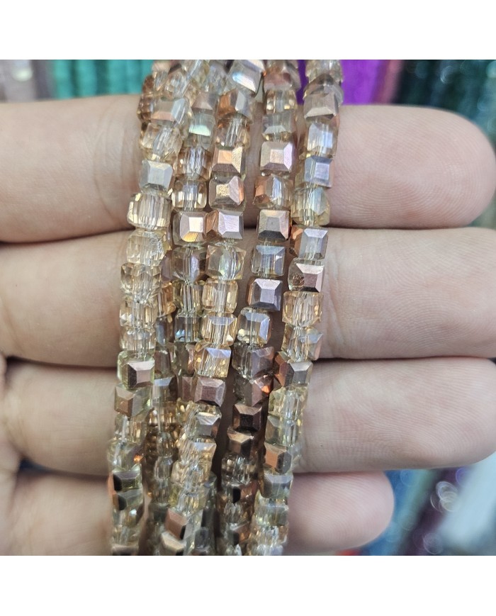 4mm İpe Dizili Küp Kristal Boncuk Metalik Kaplama Aynalı Kahve - 1 Dizi