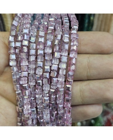 4mm İpe Dizili Küp Kristal Boncuk Metalik Kaplama Pembe - 1 Dizi
