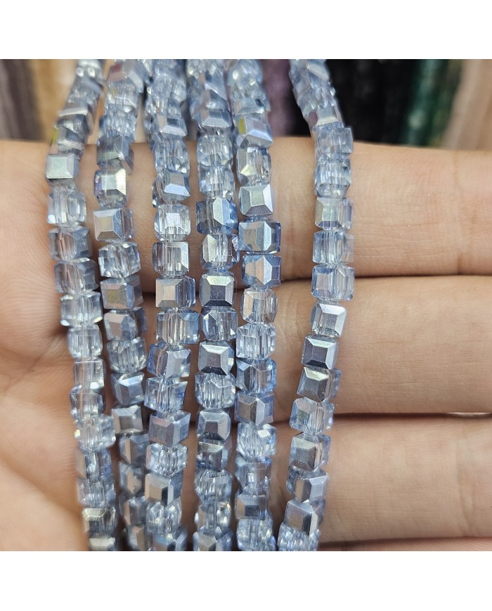 4mm İpe Dizili Küp Kristal Boncuk Metalik Kaplama Aynalı Gri - 1 Dizi