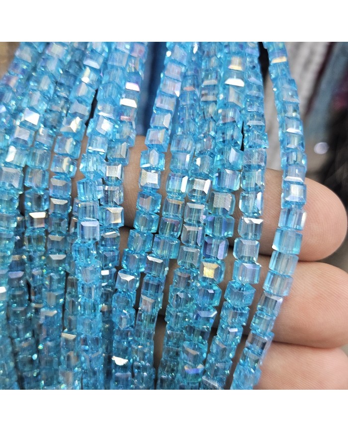 4mm İpe Dizili Küp Kristal Boncuk Şeffaf Janjanlı Mavi - 1 Dizi