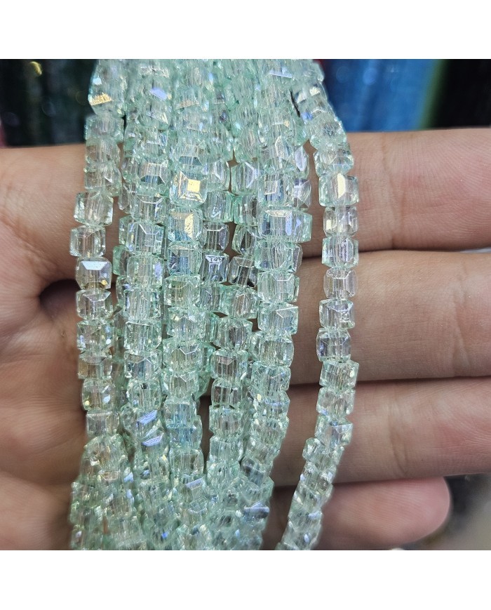 4mm İpe Dizili Küp Kristal Boncuk Şeffaf Janjanlı Açık Yeşil - 1 Dizi