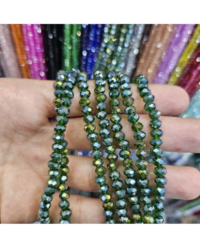 6mm İpe Dizili Kristal Boncuk Metalik Kaplama Janjan Koyu Yeşil - 10 Dizi