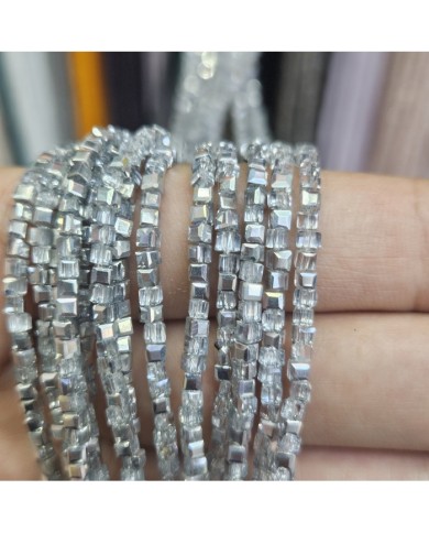 3mm İpe Dizili Küp Kristal Boncuk Metalik Kaplama Aynalı Gri - 1 Dizi