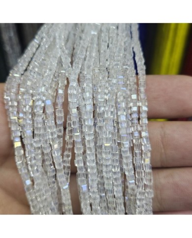 3mm İpe Dizili Küp Kristal Boncuk Şeffaf Janjanlı Buz Beyazı - 1 Dizi