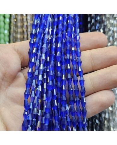 4mm İpe Dizili Arpa Mekik Kristal Boncuk Şeffaf Janjanlı Kobalt Mavi - 1 Dizi