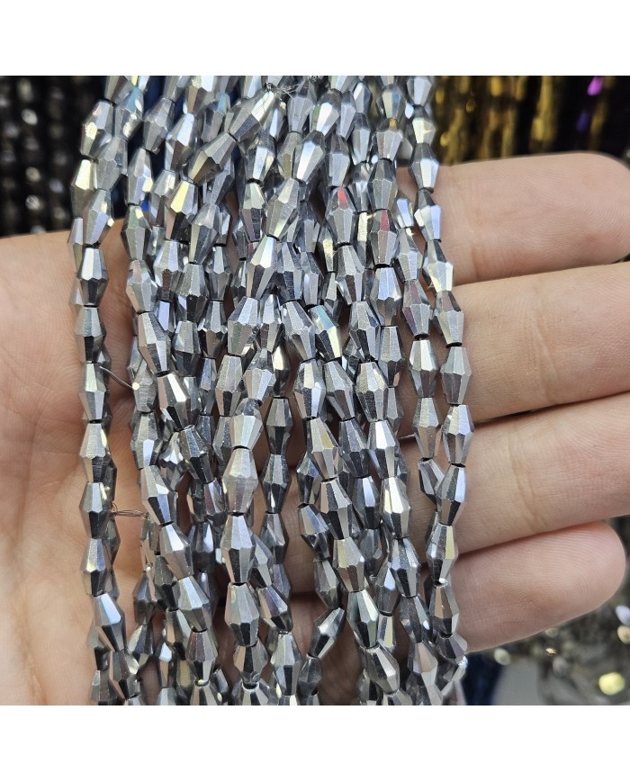 4mm İpe Dizili Arpa Mekik Kristal Boncuk Metalik Kaplama Gümüş - 1 Dizi
